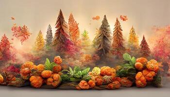 Exceptional Autumn display podium decoration background with orange leaves, trees, gift box, product display mock up. photo