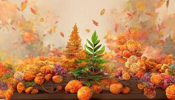 excepcional otoño monitor podio decoración antecedentes con naranja hojas, árboles, regalo caja, producto monitor burlarse de arriba. generativo ai foto