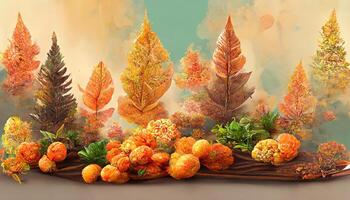 Exceptional Autumn display podium decoration background with orange leaves, trees, gift box, product display mock up. photo