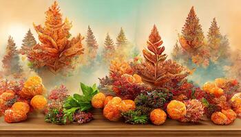 3d podium background products with geometric forms autumn holiday seasonal background. photo