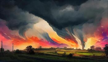 A dramatic storm at sunset producing a powerful tornado twisting through the countryside with sheet lightning. photo