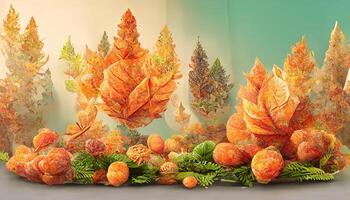 Autumn display podium decoration background with orange leaves, trees, gift box, product display mock up. photo