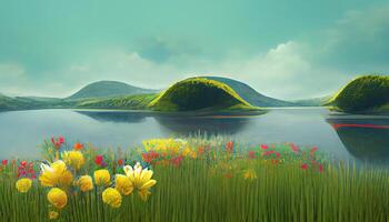 resumen primavera verano paisaje escena con geométrico forma, lago y flor vista. generativo ai foto