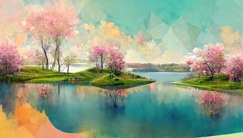 Landscape lake and sky yellow trees and pink grass 3d render. photo