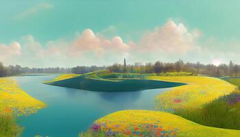 Abstract spring summer landscape scene with geometric form, lake and flower view. photo