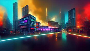 3D Rendering of neon mega city with light reflection from puddles on street heading toward buildings. photo