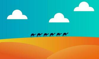 vector 6 camels walking in the desert on a hot day