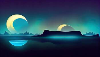Futuristic night landscape with abstract landscape and island, moonlight, shine, Dark natural scene. photo