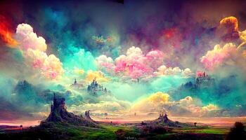 A fantasy world in alien landscape, surreal, ultra detailed, stunning, colorful, digital art, creative. photo