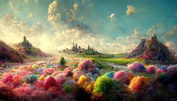 Excellent 3d rendering of a colorful fantasy landscape, Detailed, colored. photo