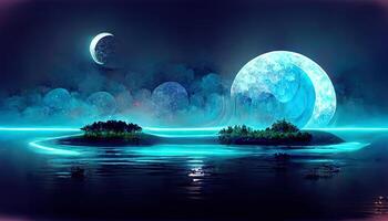 moderno futurista fantasía noche paisaje con resumen islas y noche cielo. generativo ai foto