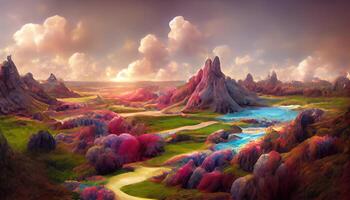 3d representación de un vistoso fantasía paisaje, detallado, de colores. generativo ai foto