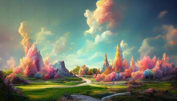 3d rendering of a colorful fantasy landscape, Detailed, colored. photo