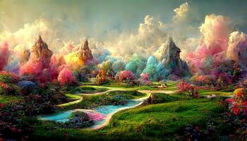 A fantasy world in alien landscape, surreal, ultra detailed, stunning, colorful, digital art, creative. photo