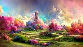 Amazing 3d rendering of a colorful fantasy landscape, Detailed, colored. photo