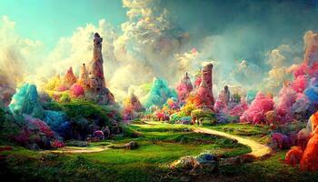 Amazing 3d rendering of a colorful fantasy landscape, Detailed, colored. photo