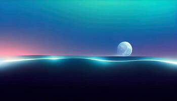 Dark natural scene with reflection of light in the water, neon blue light. photo