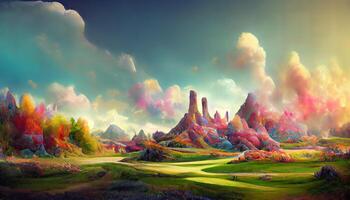 3d representación de un vistoso fantasía paisaje, detallado, de colores. generativo ai foto