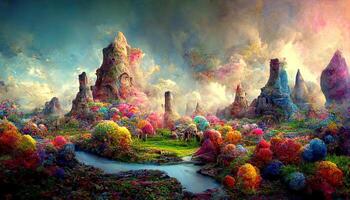 3d rendering of a colorful fantasy landscape, Detailed, colored. photo