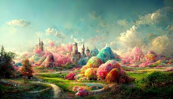 Exceptional 3d rendering of a colorful fantasy landscape, Detailed, colored. photo