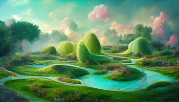 Green landscape on a clear day environmental concept, Detailed, colored. photo