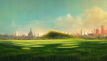 Grass field with city background, 3d rendering, Detailed, colored. photo