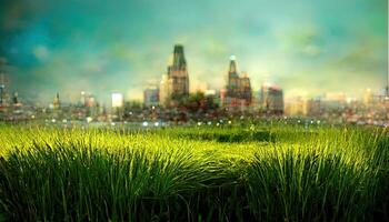 New city against green field and blue sky. photo