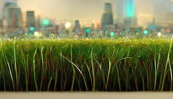 New city against green field and blue sky. photo