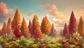 A forest surrounded by colorful leaves and trees during the autumn. photo