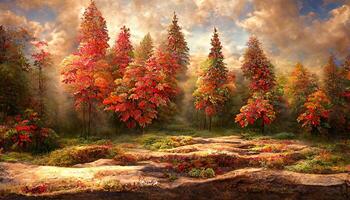 A forest surrounded by colorful leaves and trees during the autumn. photo