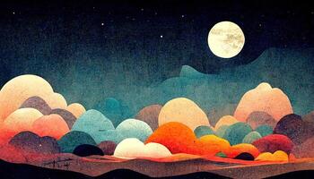 Mountain paper illustration. Red sun, cloud, star sky. photo