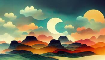Cartoon night landscape, Paper illustration, Detailed, colored. photo