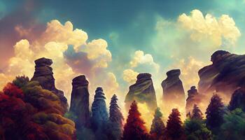 Trees Near The Mountains Waterfall Stones, the sun is shining clouds, Detailed, colored. photo