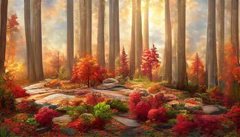 Natural beauty podium backdrop for product display with Autumn maple forest scene. photo