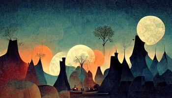 Mountain paper illustration. Red sun, cloud, star sky. photo