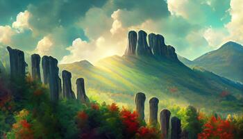 Trees Near The Mountains Waterfall Stones, the sun is shining clouds, Detailed, colored. photo