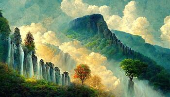 Attractive Trees Near The Mountains Waterfall Stones, the sun is shining clouds, Detailed, colored. photo