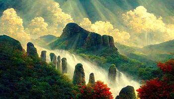 Attractive Trees Near The Mountains Waterfall Stones, the sun is shining clouds, Detailed, colored. photo