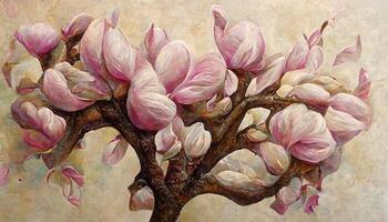 Acrylic painting on canvas art poster in floral motif. Modern style fashion artwork. photo