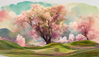 Decorative watercolor spring landscape with single lush blooming sakura cherry tree in full blossom on a hills. photo