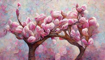Pink magnolia tree in blossom, acrylic painting on canvas. photo