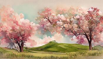 Blooming spring background in watercolor style. photo