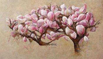 Wonderful Pink magnolia tree in blossom, acrylic painting on canvas. photo