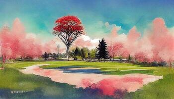 Beautiful cherry blossoms trees blooming in spring. photo