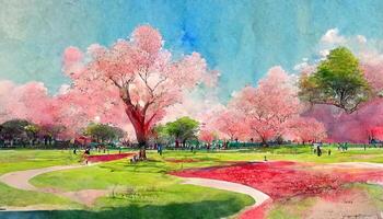 Drawing of bright Japanese park, blossom pink red tree, blue sky, green grass, Picture contains interesting idea. photo