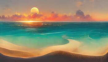 Sunset Ocean Tropical resort landscape panorama. Sea shore beach, sun, exoti csilhouettes palms. photo