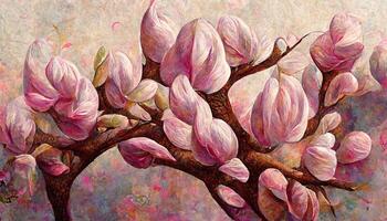Pink magnolia tree in blossom, acrylic painting on canvas. photo