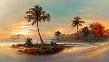 panorama de el mar atardecer, el Dom terminado un tropical isla con palma árboles, 3d representación. generativo ai foto