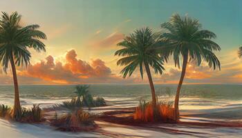 Sunset Ocean Tropical resort landscape panorama. Sea shore beach, sun, exoti csilhouettes palms. photo