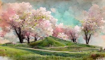 Blooming spring background in watercolor style. photo